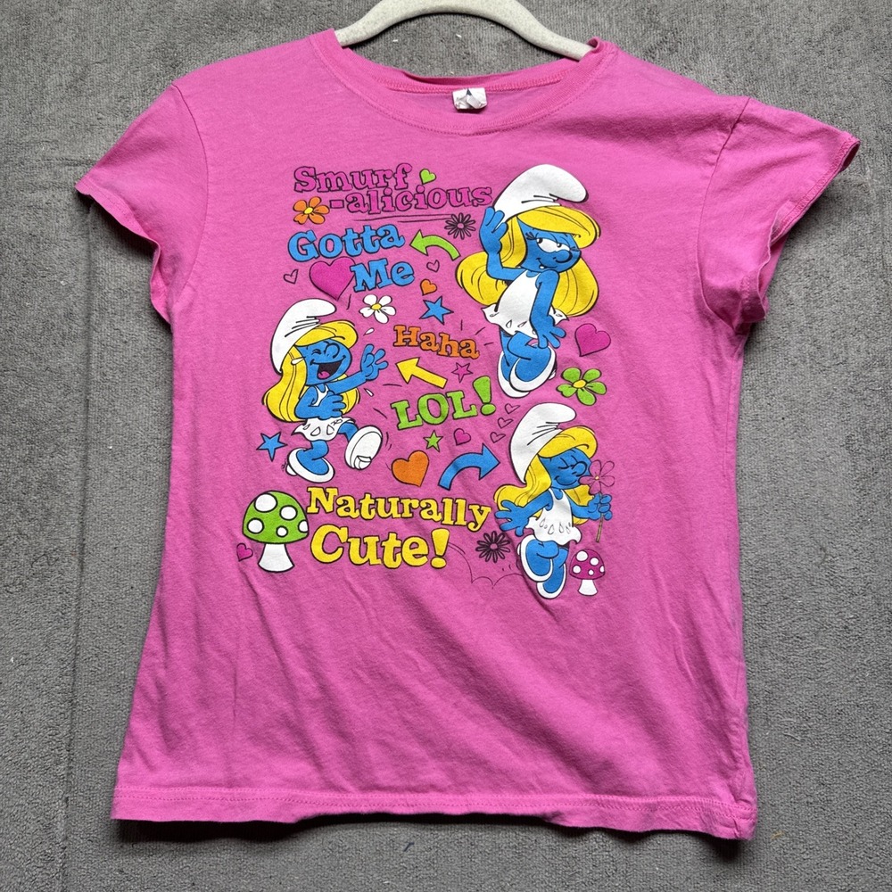 Vintage Smurfette Pink Graphic Tee Y2K 2000s‎ Cartoon Cute Girls T Shirt 14-16